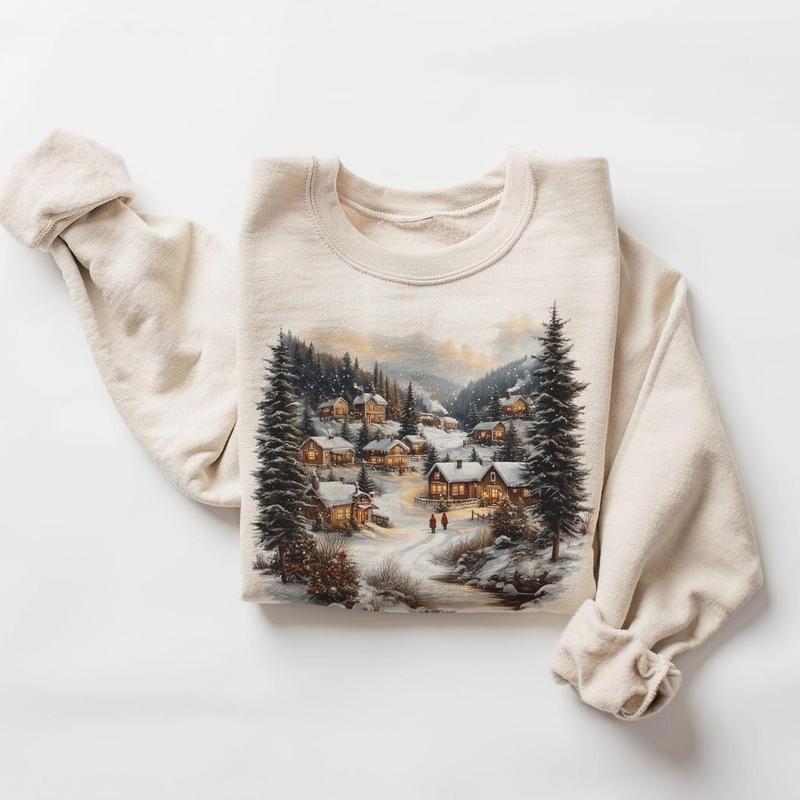 Retro Christmas Winter Village Sweatshirt - Nineties 90s Mountain Pine Trees Decorated Cabins Pullover Cotton Menswear Day