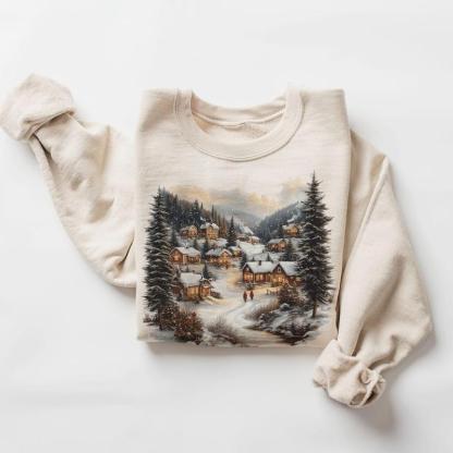 Retro Christmas Winter Village Sweatshirt - Nineties 90s Mountain Pine Trees Decorated Cabins Pullover Cotton Menswear Day