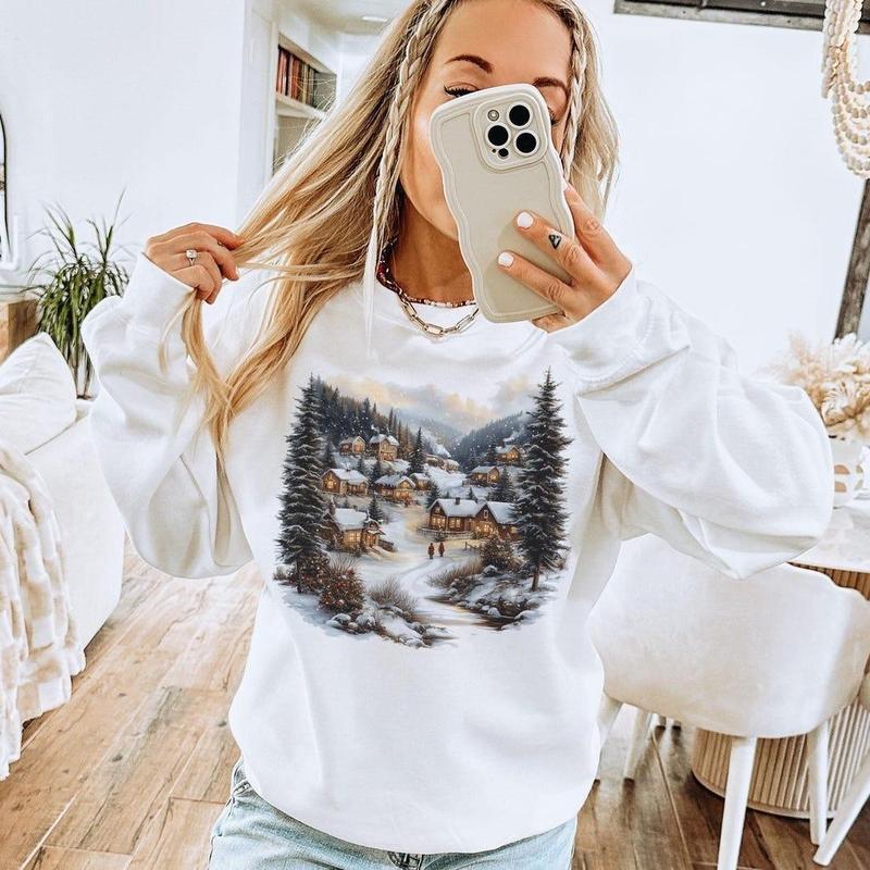 Retro Christmas Winter Village Sweatshirt - Nineties 90s Mountain Pine Trees Decorated Cabins Pullover Cotton Menswear Day