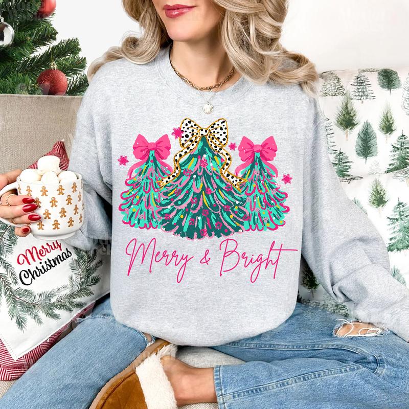 Merry & Bright Christmas Tree Apparel - Shirt, Crewneck, Hoodie Collection