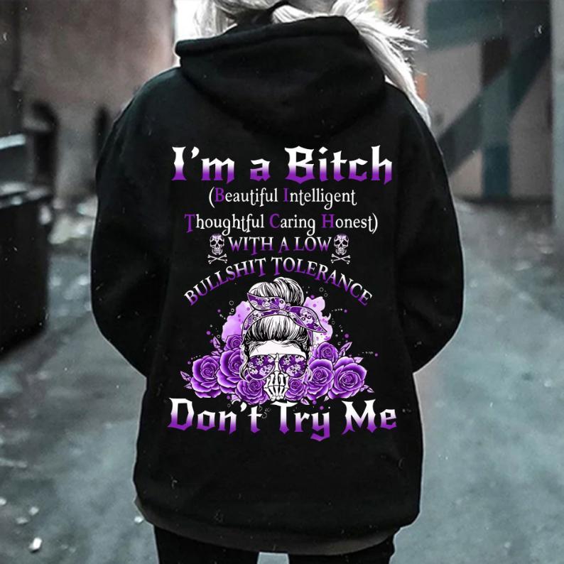 Yes I’m a B Flower Skull All Over Print Hoodie Don't Try Me I'm The B*tch Gen X Unisex Oversized Cotton Blend Casual Everyday Wear