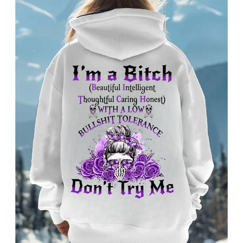 Yes I’m a B Flower Skull All Over Print Hoodie Don't Try Me I'm The B*tch Gen X Unisex Oversized Cotton Blend Casual Everyday Wear