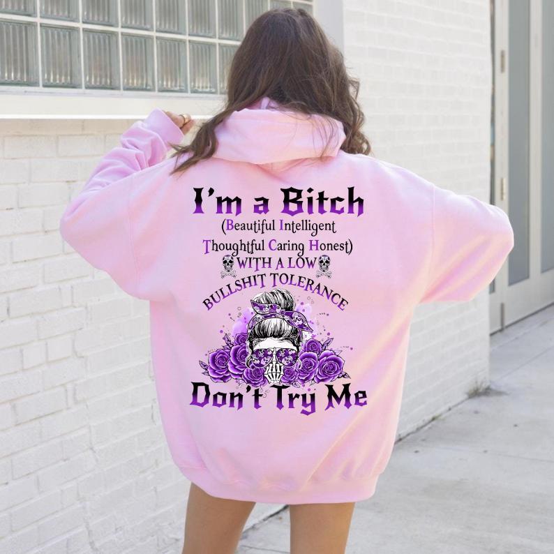 Yes I’m a B Flower Skull All Over Print Hoodie Don't Try Me I'm The B*tch Gen X Unisex Oversized Cotton Blend Casual Everyday Wear