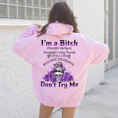 Yes I’m a B Flower Skull All Over Print Hoodie Don't Try Me I'm The B*tch Gen X Unisex Oversized Cotton Blend Casual Everyday Wear