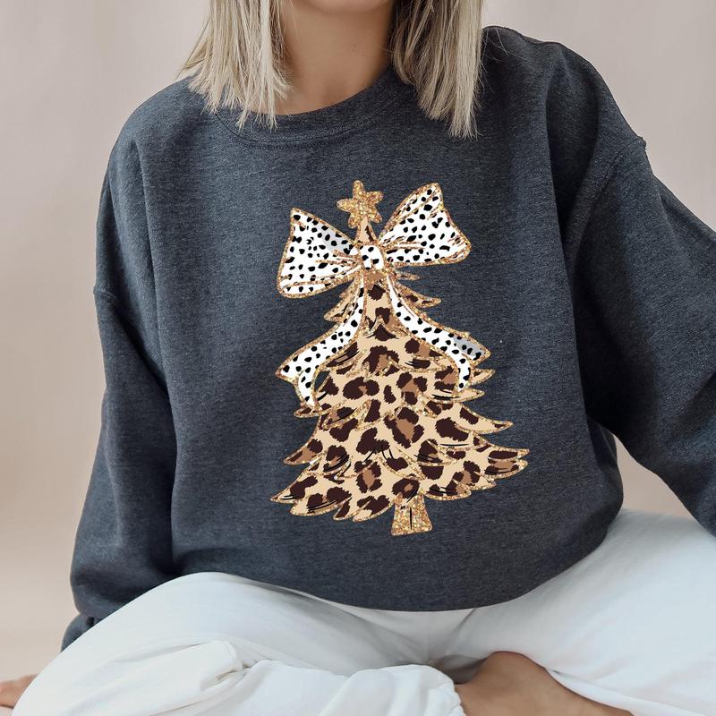 Leopard Print Christmas Tree Sweatshirt - Trendy Festive Apparel with Glitter Details