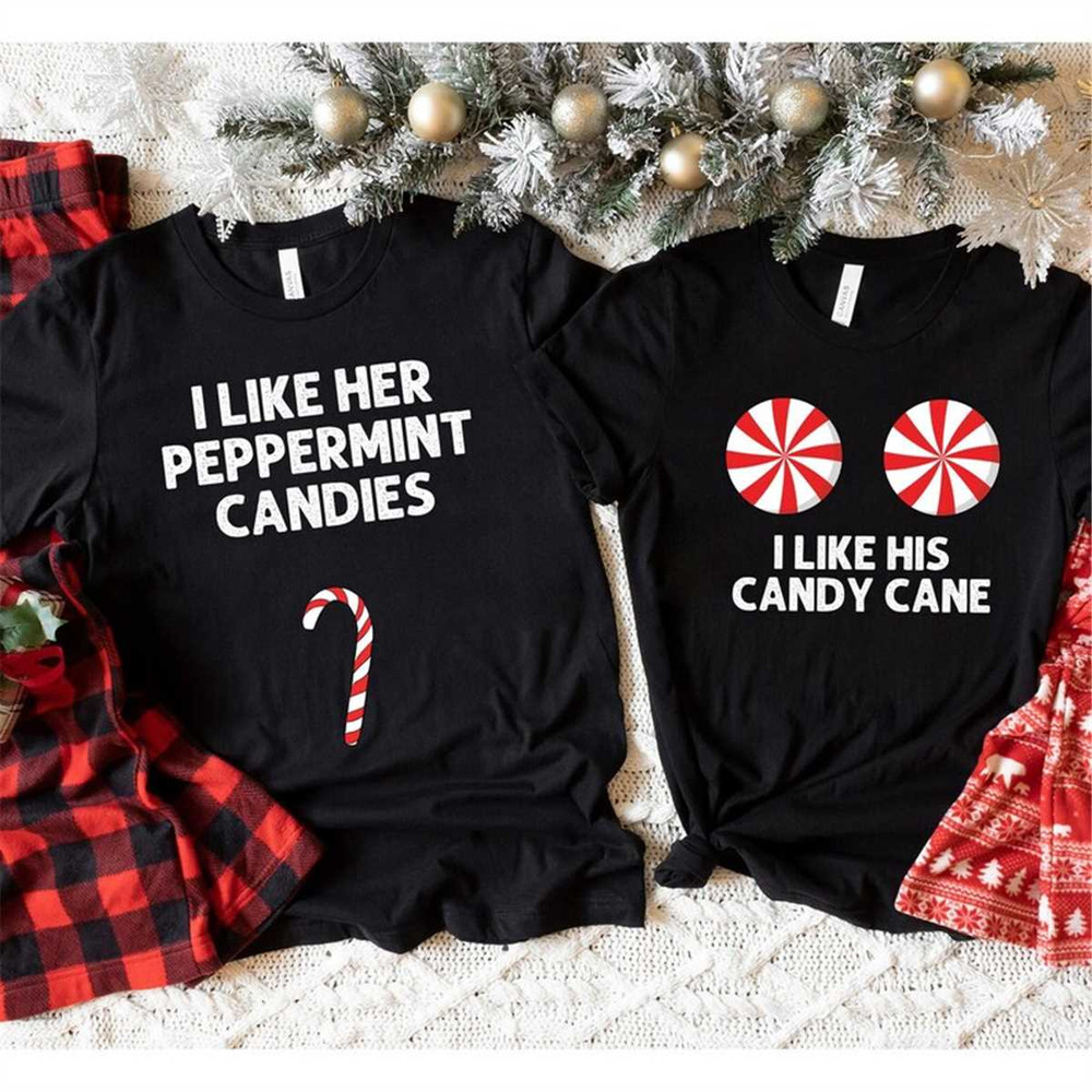 I like his candy cane shirt, I like her peppermint candies, Matching Christmas Couple Sweatshirt