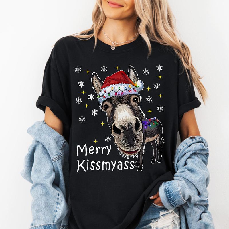 “Merry Kissmyass” Funny Donkey Christmas T-Shirt – Adult Humor Holiday Apparel