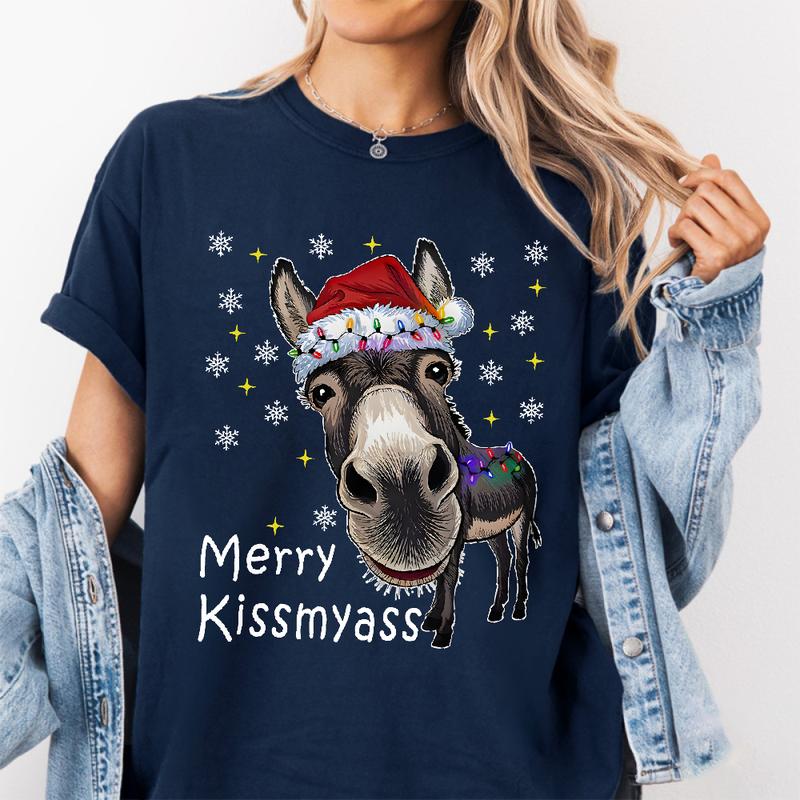 “Merry Kissmyass” Funny Donkey Christmas T-Shirt – Adult Humor Holiday Apparel