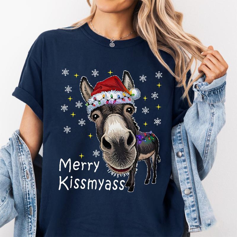 “Merry Kissmyass” Funny Donkey Christmas T-Shirt – Adult Humor Holiday Apparel