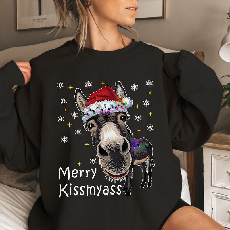 “Merry Kissmyass” Funny Donkey Christmas T-Shirt – Adult Humor Holiday Apparel