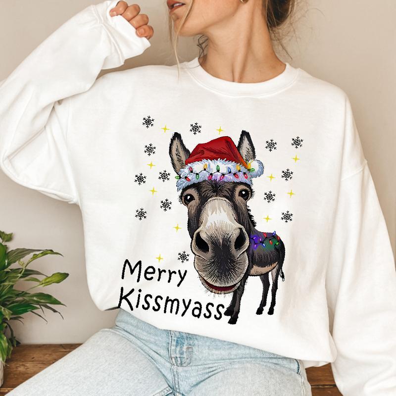 “Merry Kissmyass” Funny Donkey Christmas T-Shirt – Adult Humor Holiday Apparel