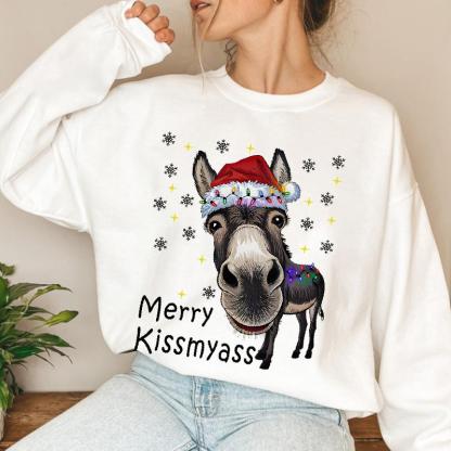 “Merry Kissmyass” Funny Donkey Christmas T-Shirt – Adult Humor Holiday Apparel