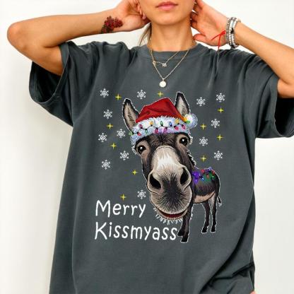 “Merry Kissmyass” Funny Donkey Christmas T-Shirt – Adult Humor Holiday Apparel