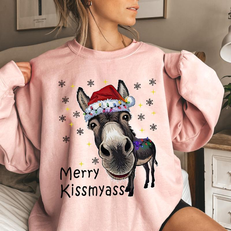 “Merry Kissmyass” Funny Donkey Christmas T-Shirt – Adult Humor Holiday Apparel