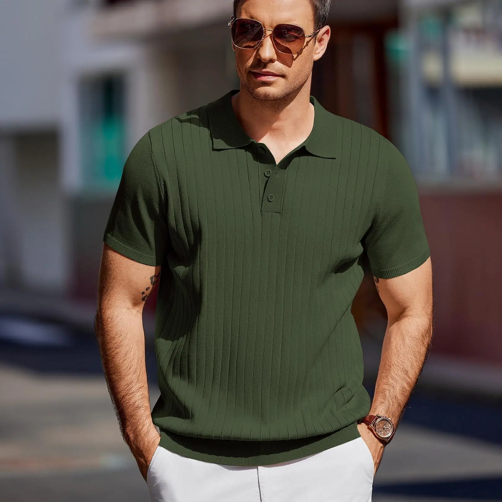 Men’s Ribbed Knit Polo Shirt – Short Sleeve Lightweight Casual Golf Top
