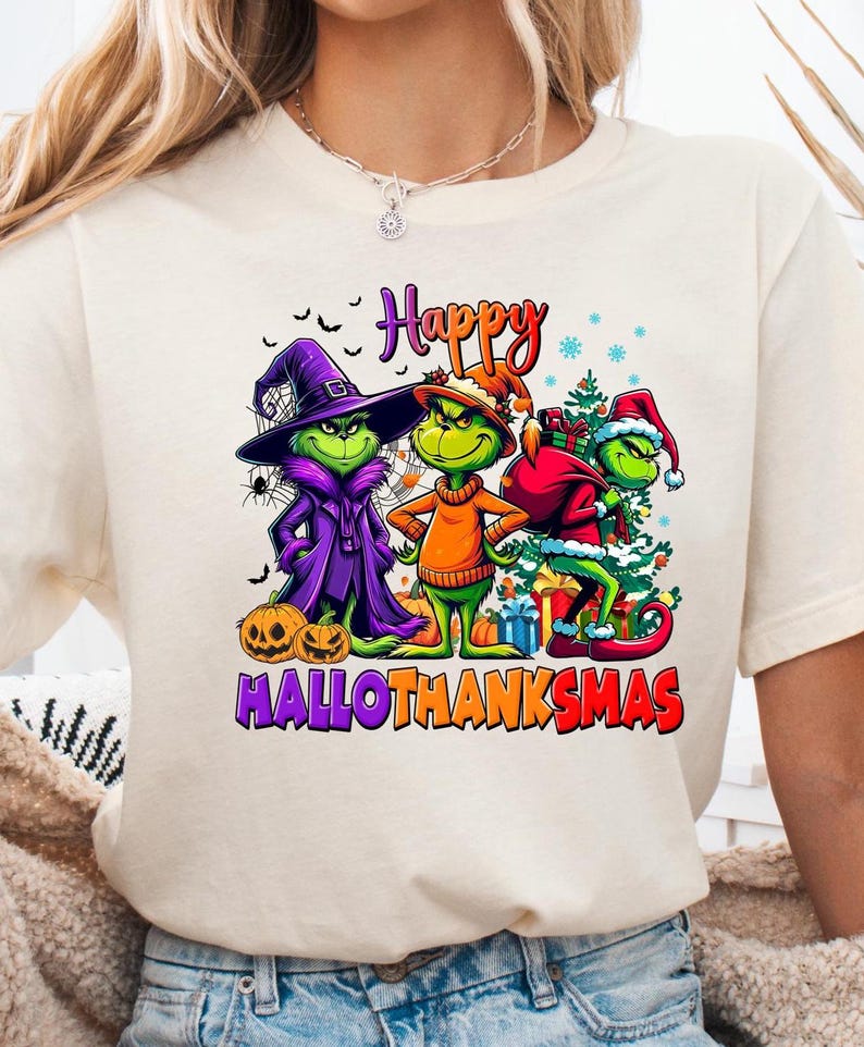 Grinch HalloThanksMas Graphic Tee - Halloween Thanksgiving Christmas Fusion Apparel