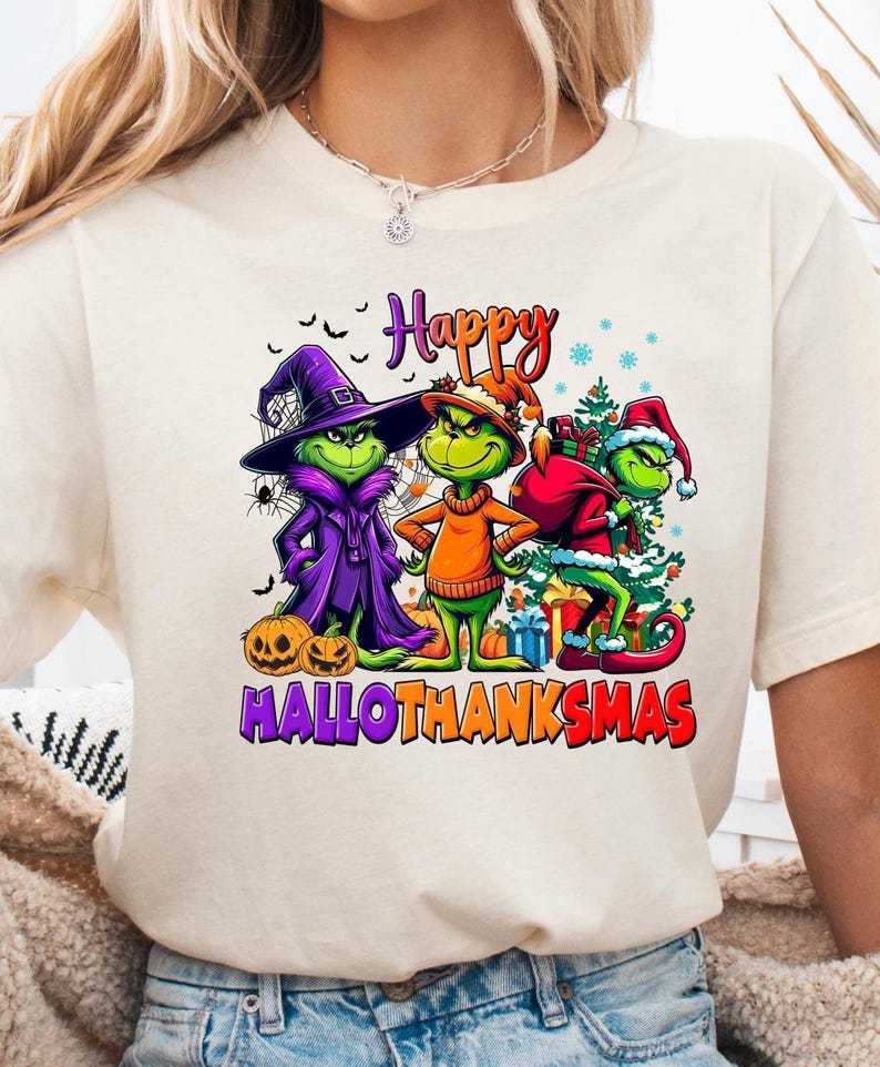 Grinch HalloThanksMas Graphic Tee - Halloween Thanksgiving Christmas Fusion Apparel