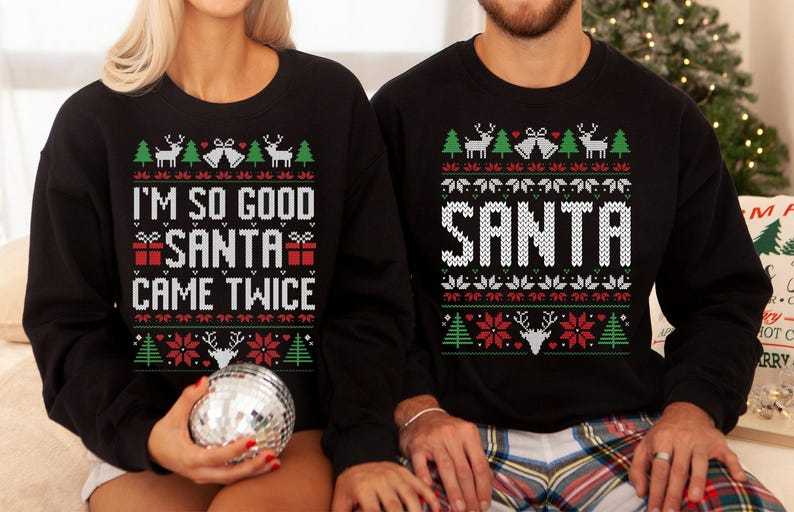The Original Unisex Funny Couples Matching Ugly Christmas Sweater, Santa Twice, Christmas Pajamas