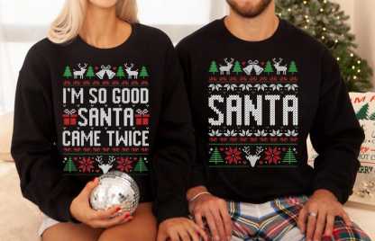 The Original Unisex Funny Couples Matching Ugly Christmas Sweater, Santa Twice, Christmas Pajamas