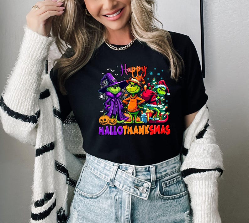 Grinch HalloThanksMas Graphic Tee - Halloween Thanksgiving Christmas Fusion Apparel