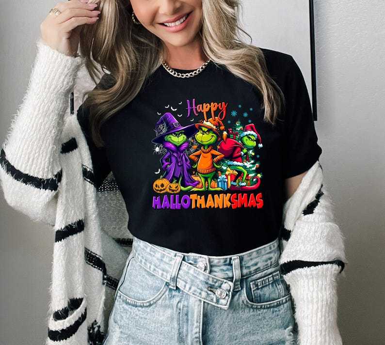Grinch HalloThanksMas Graphic Tee - Halloween Thanksgiving Christmas Fusion Apparel
