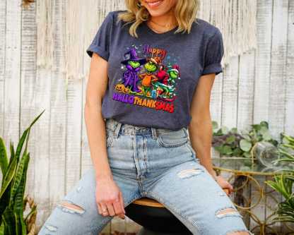 Grinch HalloThanksMas Graphic Tee - Halloween Thanksgiving Christmas Fusion Apparel