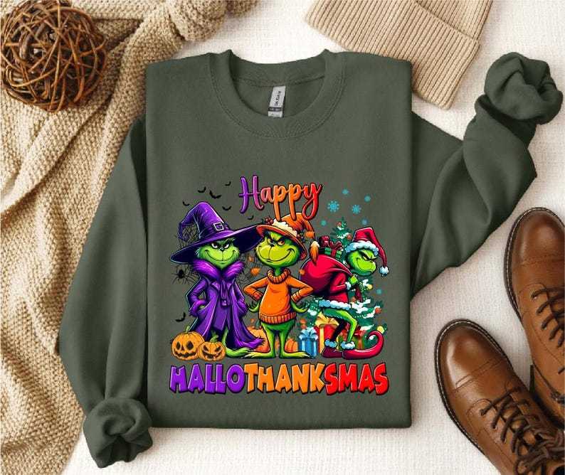 Grinch HalloThanksMas Graphic Tee - Halloween Thanksgiving Christmas Fusion Apparel