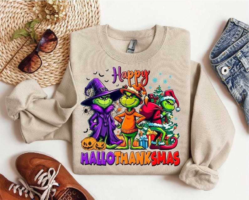 Grinch HalloThanksMas Graphic Tee - Halloween Thanksgiving Christmas Fusion Apparel