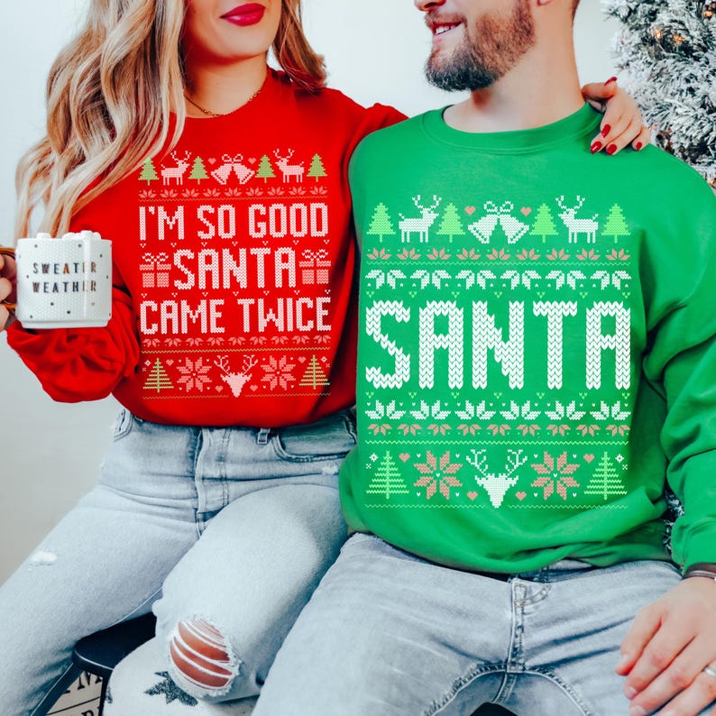 The Original Unisex Funny Couples Matching Ugly Christmas Sweater, Santa Twice, Christmas Pajamas
