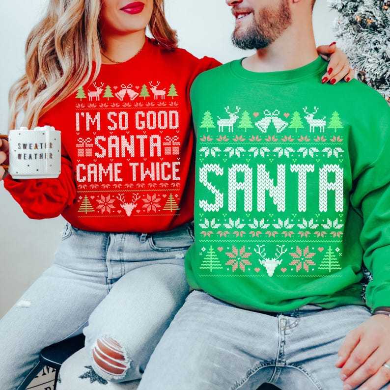 The Original Unisex Funny Couples Matching Ugly Christmas Sweater, Santa Twice, Christmas Pajamas