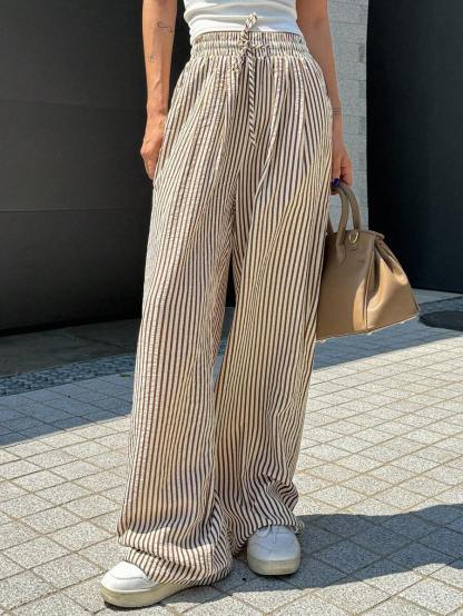 Striped Drawstring Wide - Leg Casual Pants