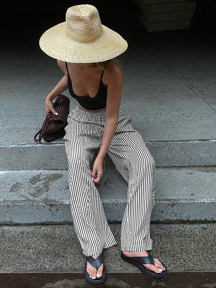 Striped Drawstring Wide - Leg Casual Pants