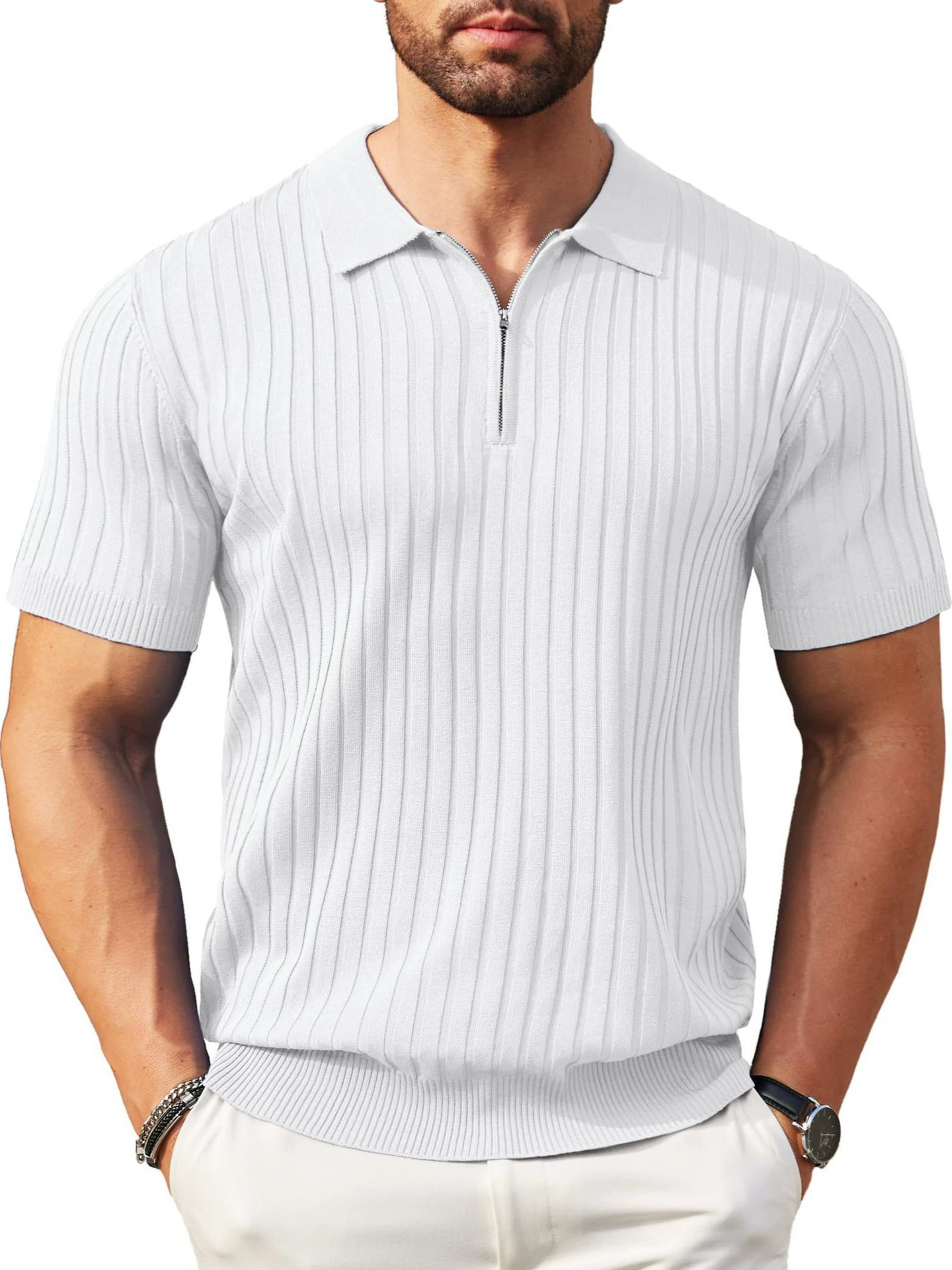 Men’s Ribbed Knit Zip Polo Shirt – Short Sleeve Smart Casual Golf Top