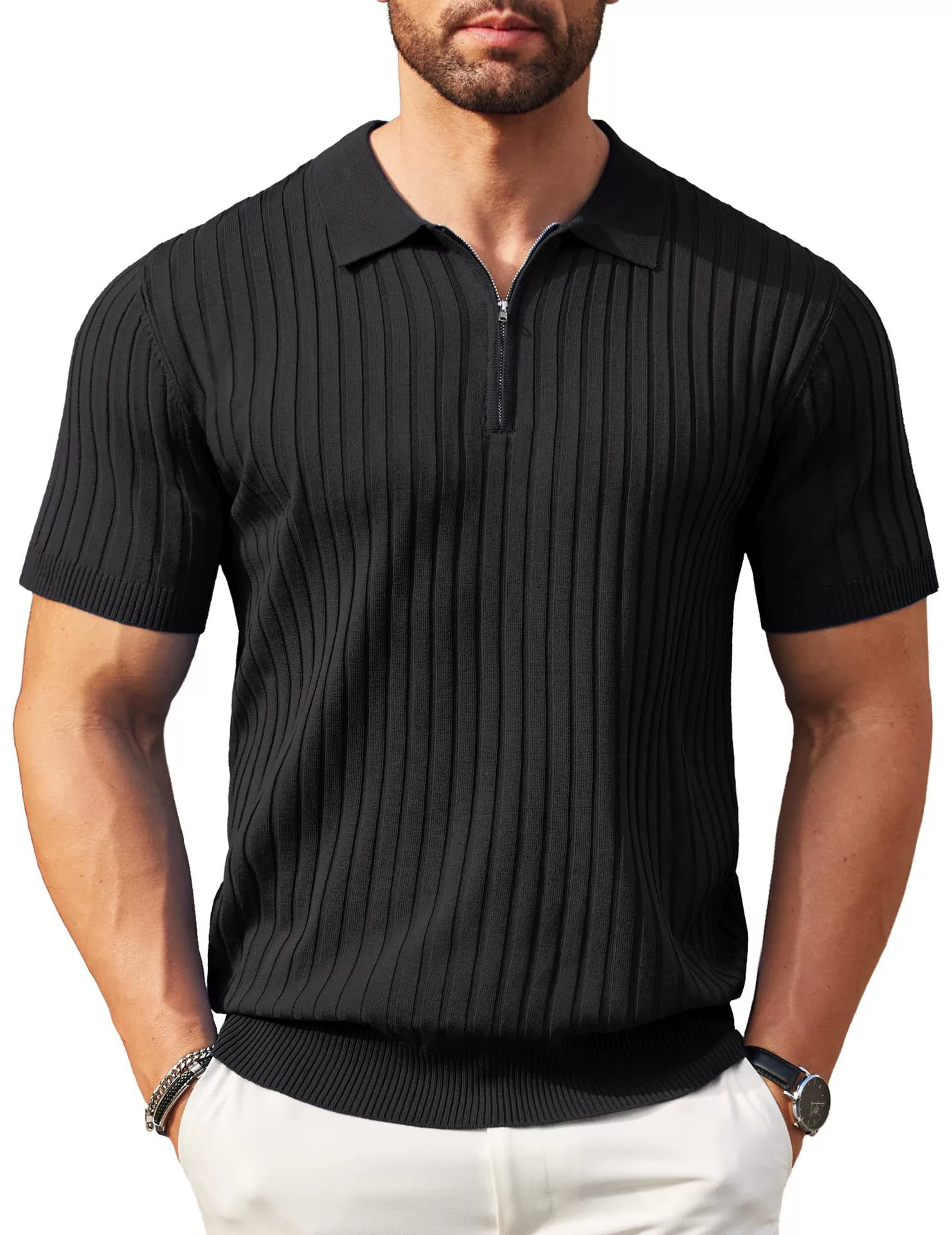 Men’s Ribbed Knit Zip Polo Shirt – Short Sleeve Smart Casual Golf Top