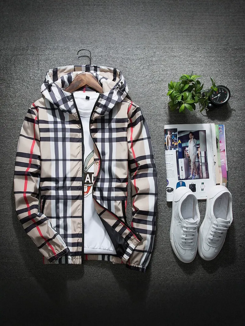 Men’s Khaki Plaid Lightweight Zip Jacket – Casual Stand Collar Windbreaker