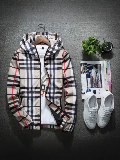 Men’s Khaki Plaid Lightweight Zip Jacket – Casual Stand Collar Windbreaker