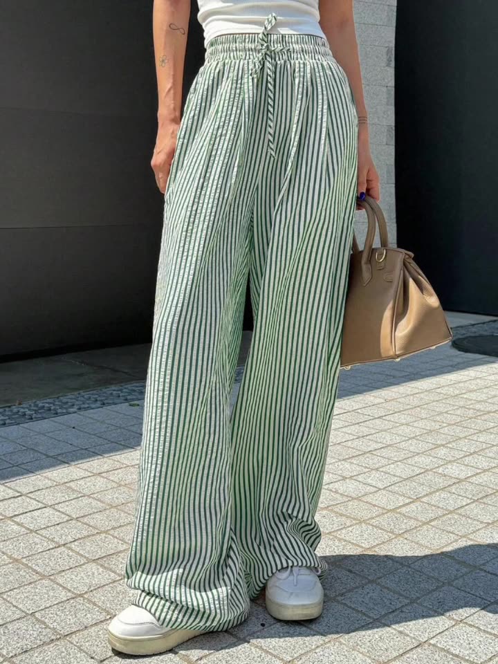 Striped Drawstring Wide - Leg Casual Pants