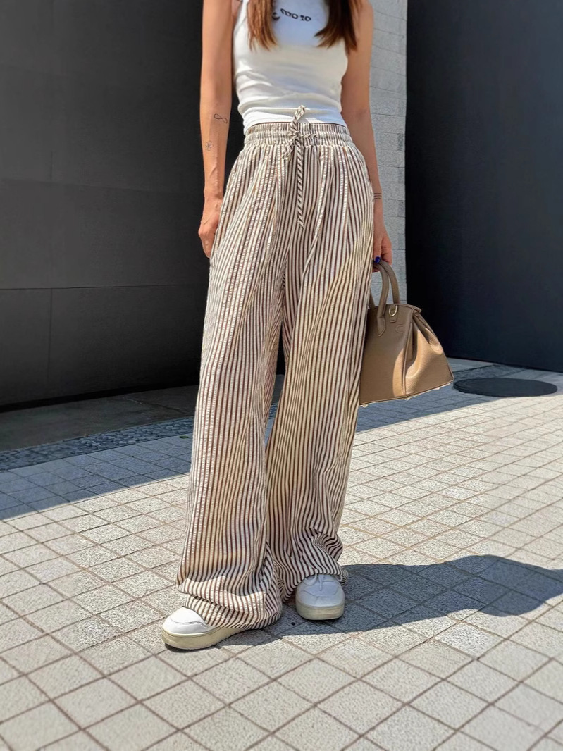 Striped Drawstring Wide - Leg Casual Pants