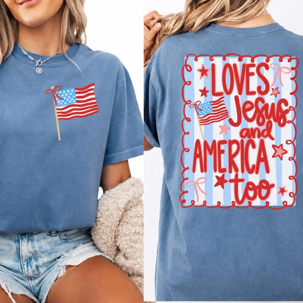 Loves Jesus and America Too Graphic Tee - Patriotic Coquette Bow Fourth of July T-Shirt