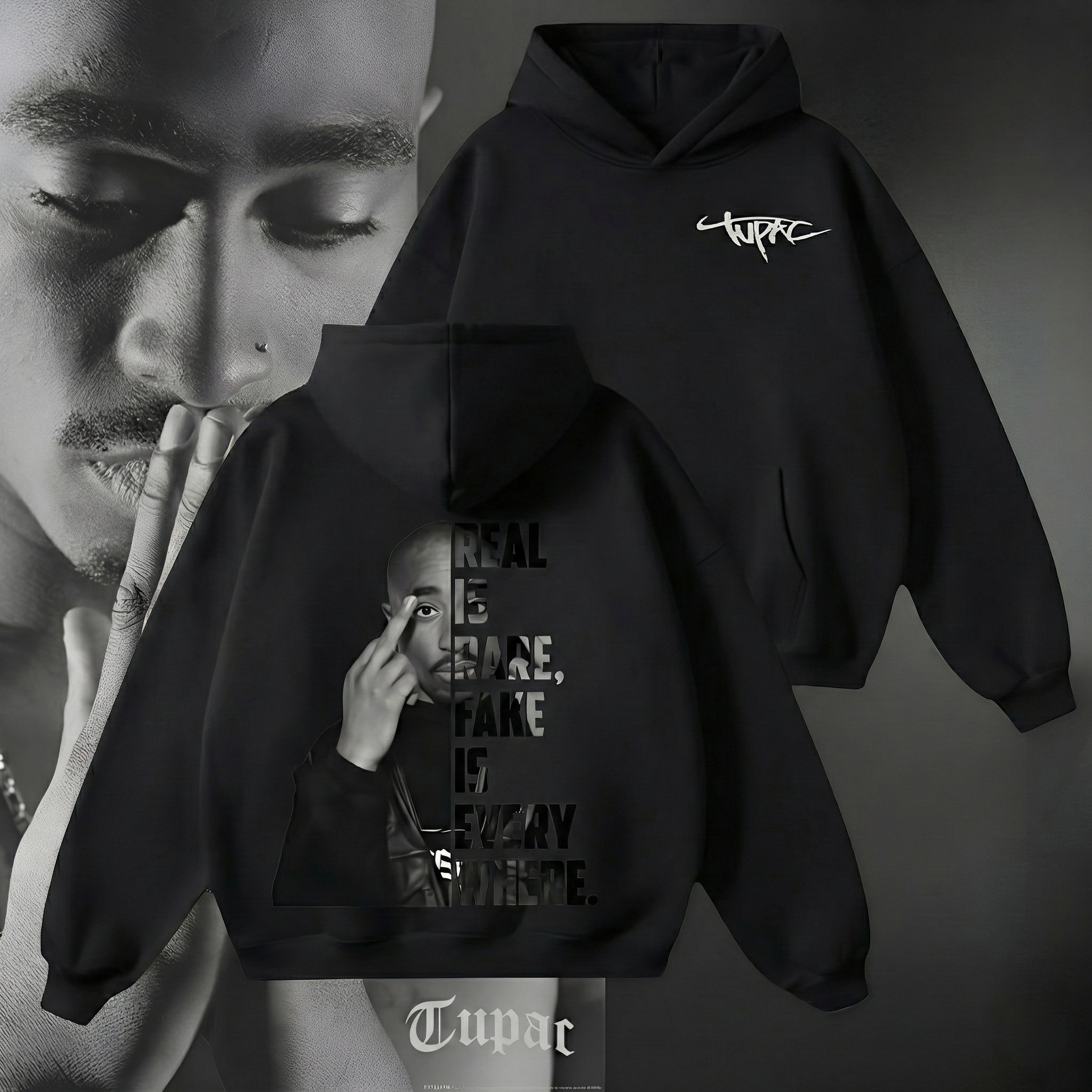Tupac "Real Is Rare" Hoodie - Iconic Split-Design Streetwear