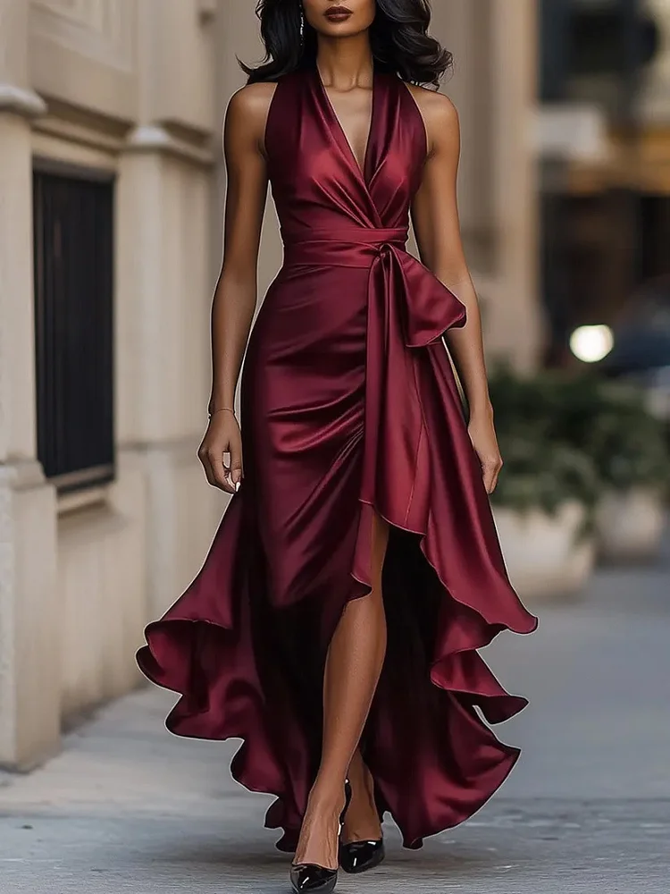Elegant Satin Halter Ruffle Dress – Irregular Hem Midi Maxi Party Dress