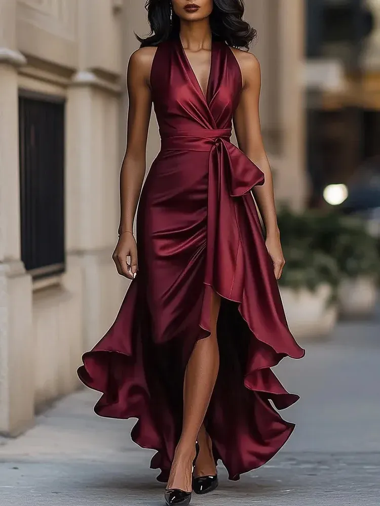 Elegant Satin Halter Ruffle Dress – Irregular Hem Midi Maxi Party Dress