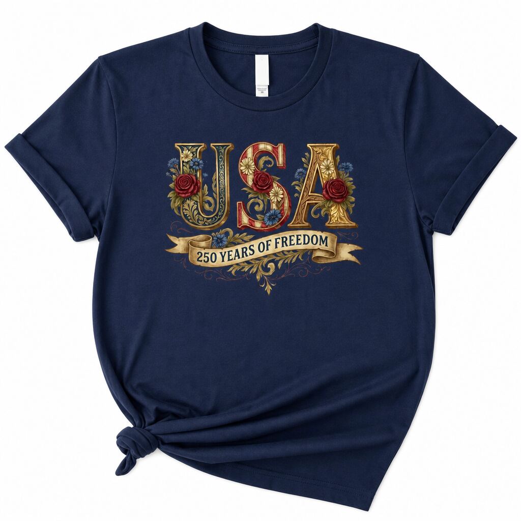 USA 250 Years of Freedom T-Shirt | Vintage Patriotic Floral Tee