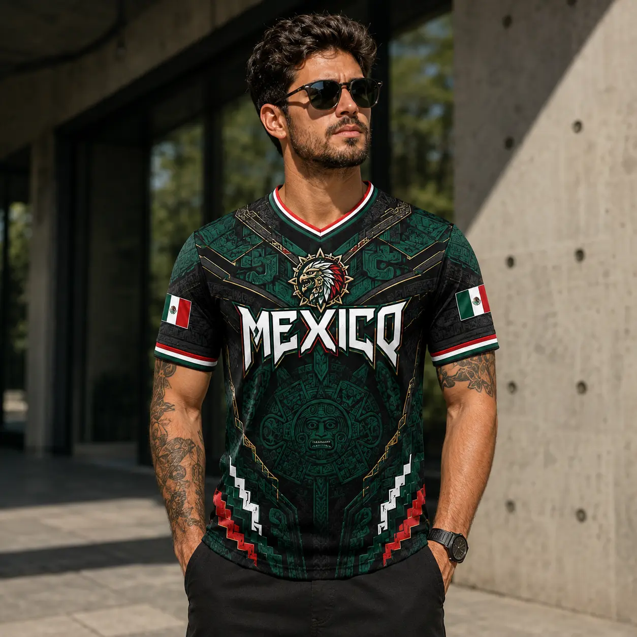 Men's Mexico Soccer Jersey 2026 – Aztec Calendar & Eagle Warrior V-Neck Fan Shirt