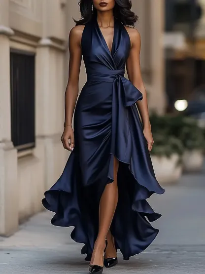 Elegant Satin Halter Ruffle Dress – Irregular Hem Midi Maxi Party Dress