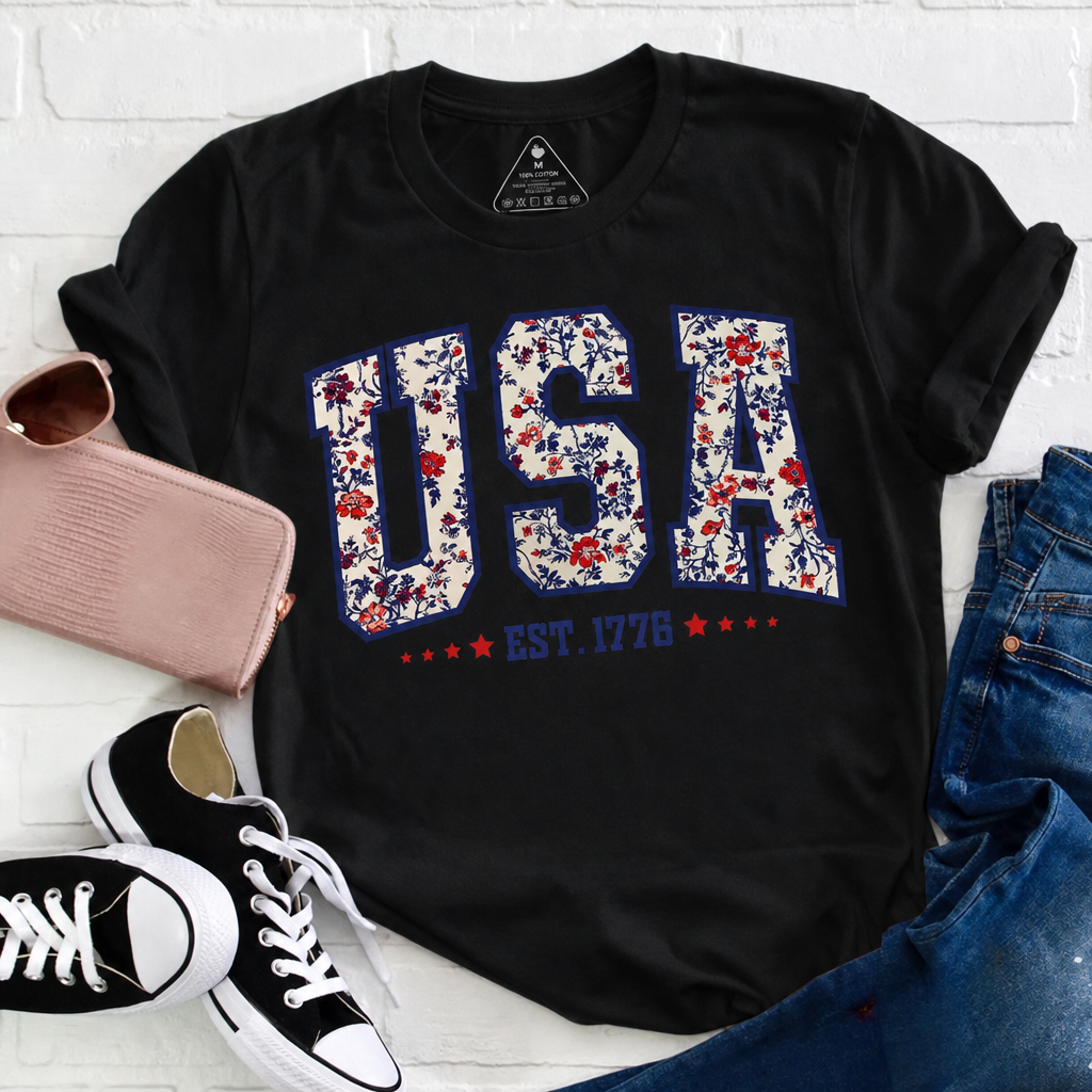 Retro Floral USA EST. 1776 Teacher T-Shirt - Patriotic Varsity Aesthetic Graphic Tee