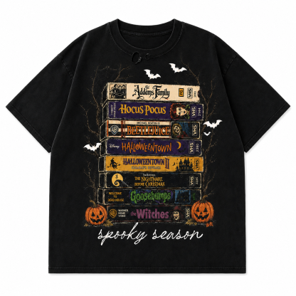 Retro Halloween Spooky Season VHS Stack Graphic Tee