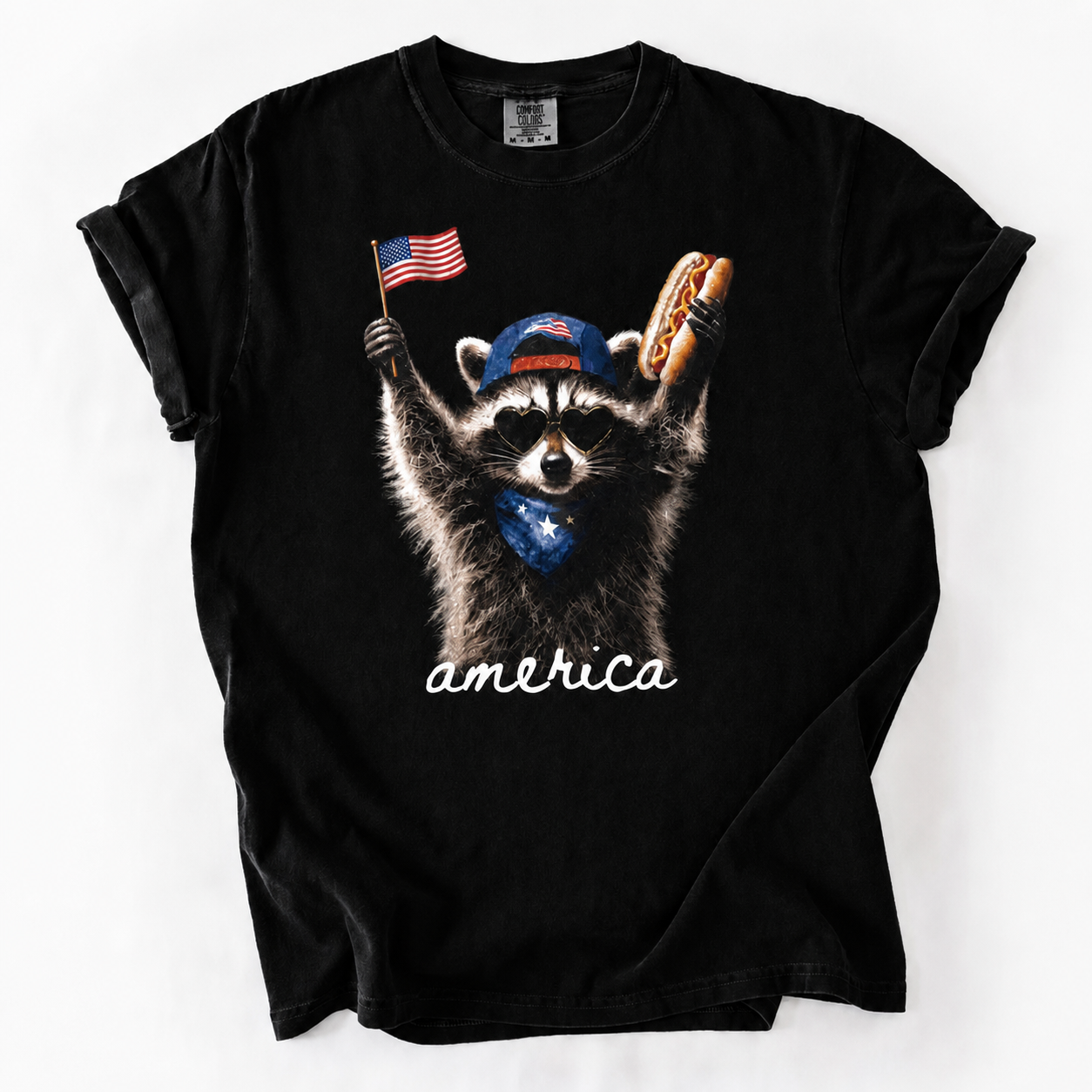 Patriotic Raccoon Graphic Tee - America Flag & Hot Dog Design