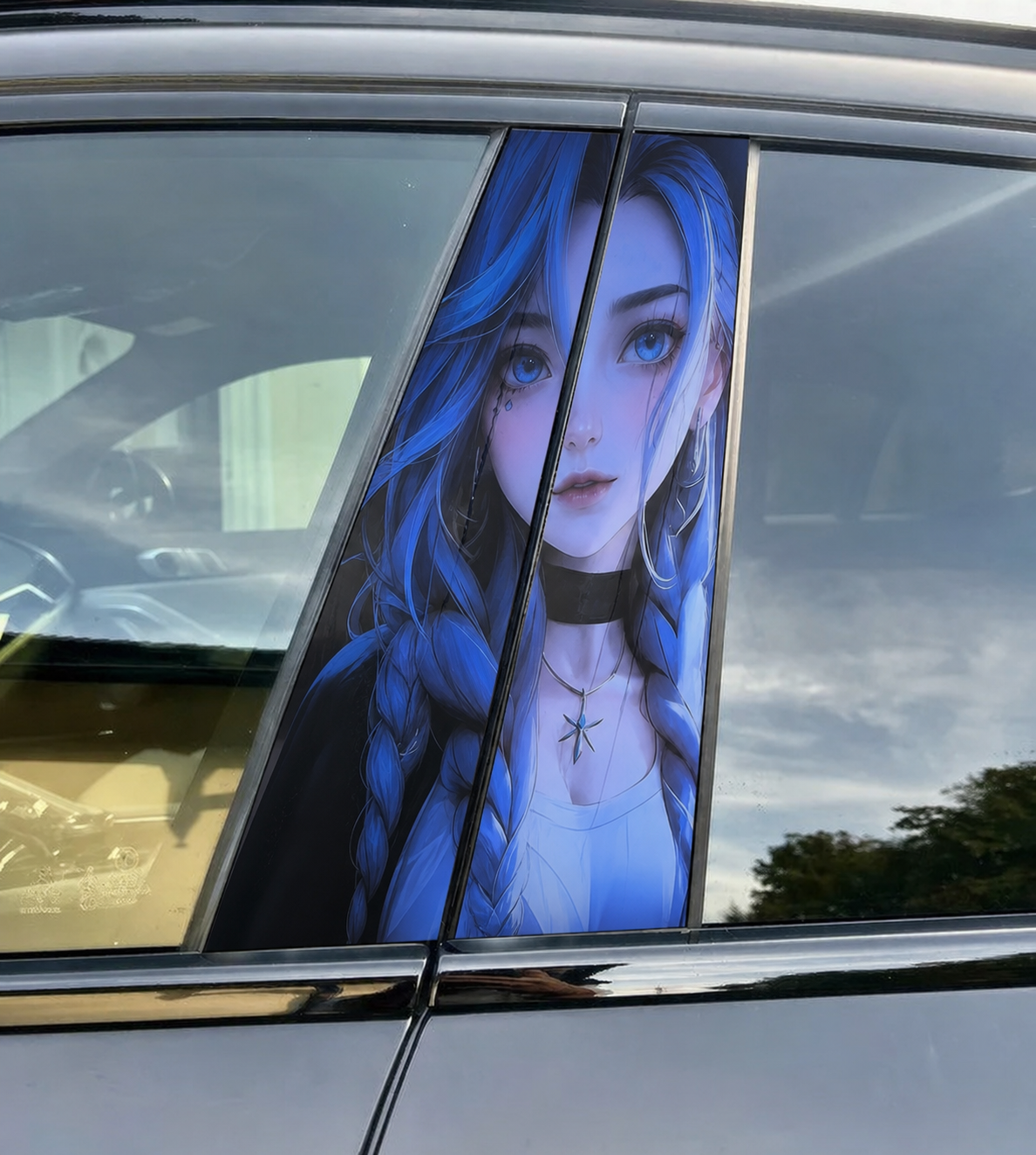 Blue Anime Girl Car Pillar Wrap - Premium Vinyl B-Pillar Decal, Universal Fit