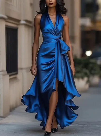 Elegant Satin Halter Ruffle Dress – Irregular Hem Midi Maxi Party Dress